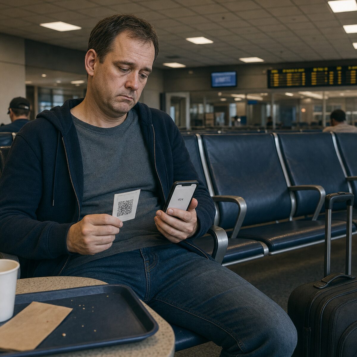 A tired passenger in an airport holds a meal voucher while his phone displays a 404 error.