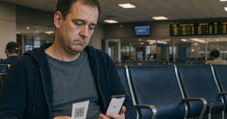 A tired passenger in an airport looks at a 404 error after scanning a meal voucher.