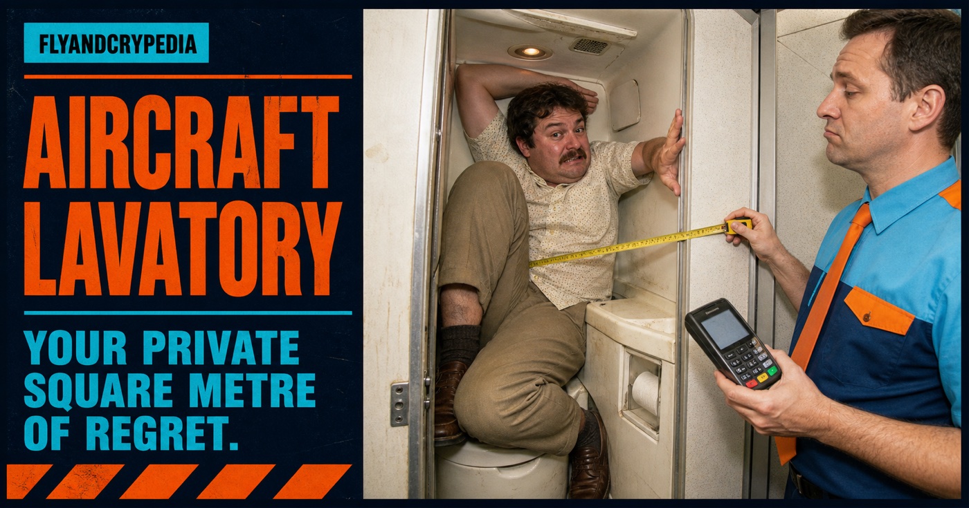 Passenger compressed inside a tiny aircraft lavatory while an indifferent employee measures the space for FlyAndCrypedia