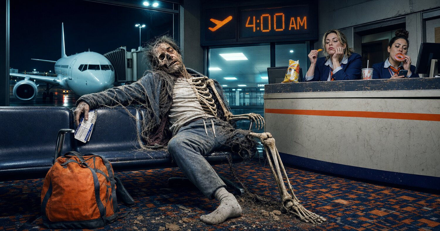 Passenger waiting so long at an airport gate that he becomes a skeleton