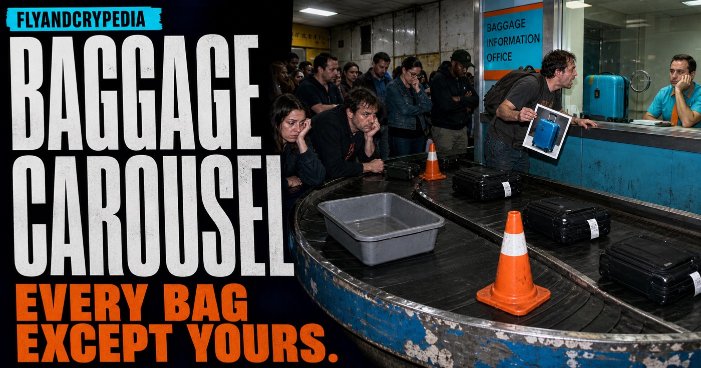 Passengers watching every suitcase except theirs circle a baggage carousel in FlyAndCrypedia