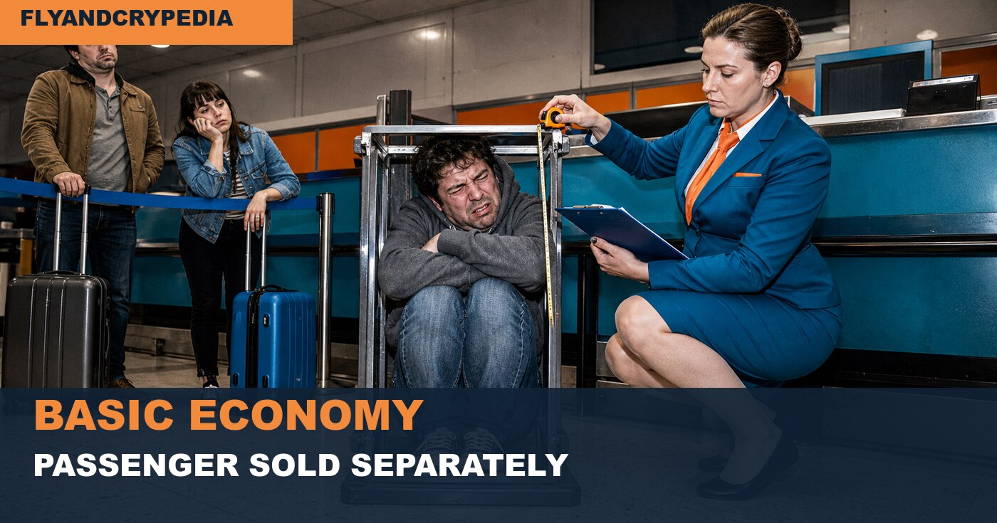 Passenger measured inside a baggage sizer for the FlyAndCrypedia basic economy definition