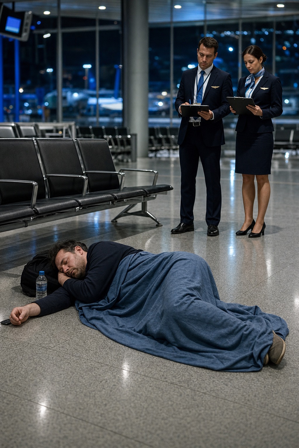 FlyAndCry judges score blanket geometry during an overnight terminal stay