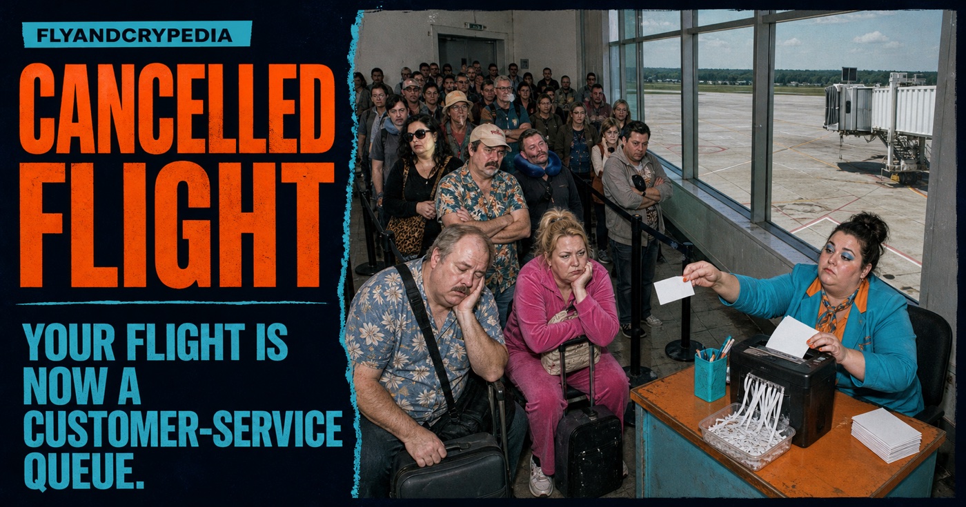 Empty aircraft space replaced by a huge customer-service queue for the FlyAndCrypedia cancelled flight definition