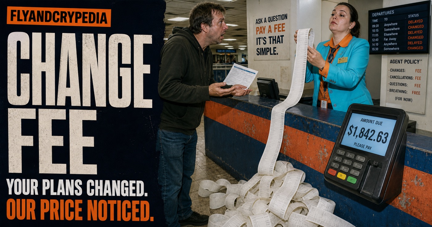 Airline clerk presenting an enormous change fee to a passenger for the FlyAndCrypedia definition