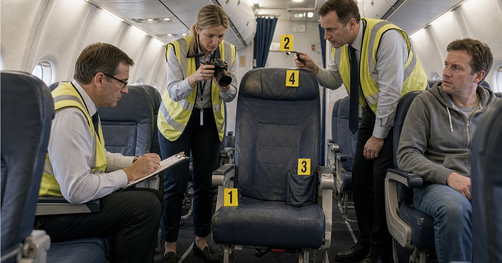 FlyAndCry investigators examining an unexpectedly comfortable passenger seat