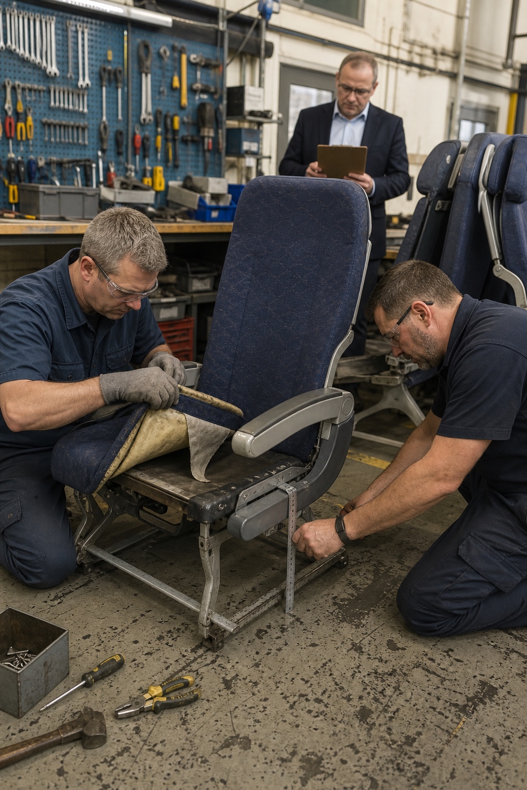 FlyAndCry technicians removing comfort from an aircraft seat