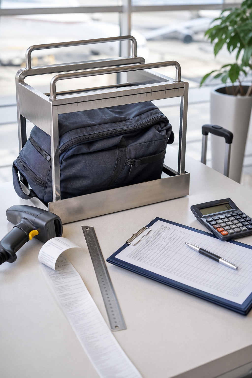 A FlyAndCry personal-item confidence audit arranged on an airline service desk