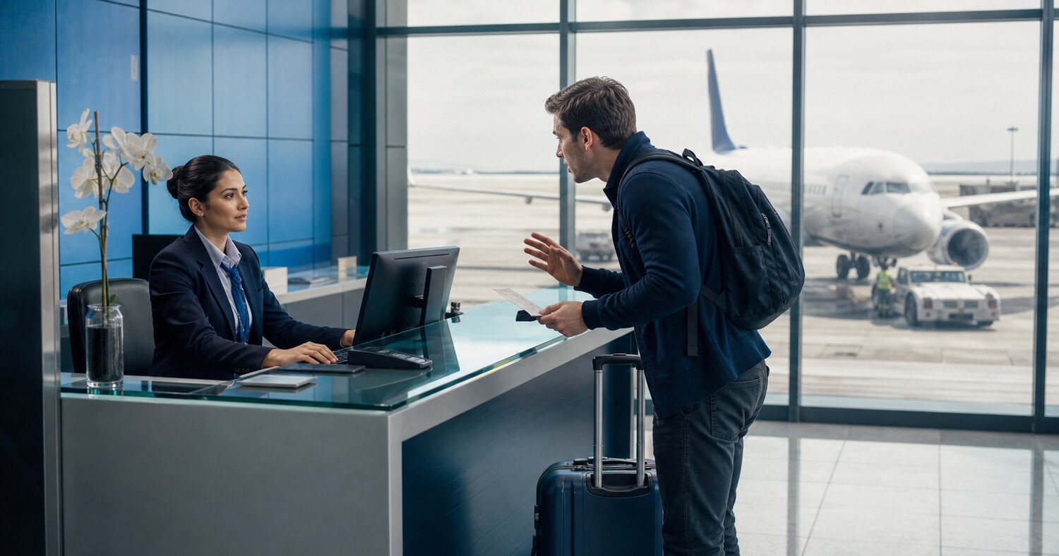 FlyAndCry Connection Concierge guides a passenger after a missed connection
