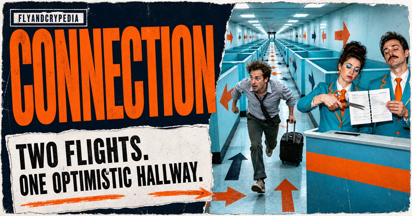 Passenger sprinting through an impossible terminal corridor for the FlyAndCrypedia connecting flight definition