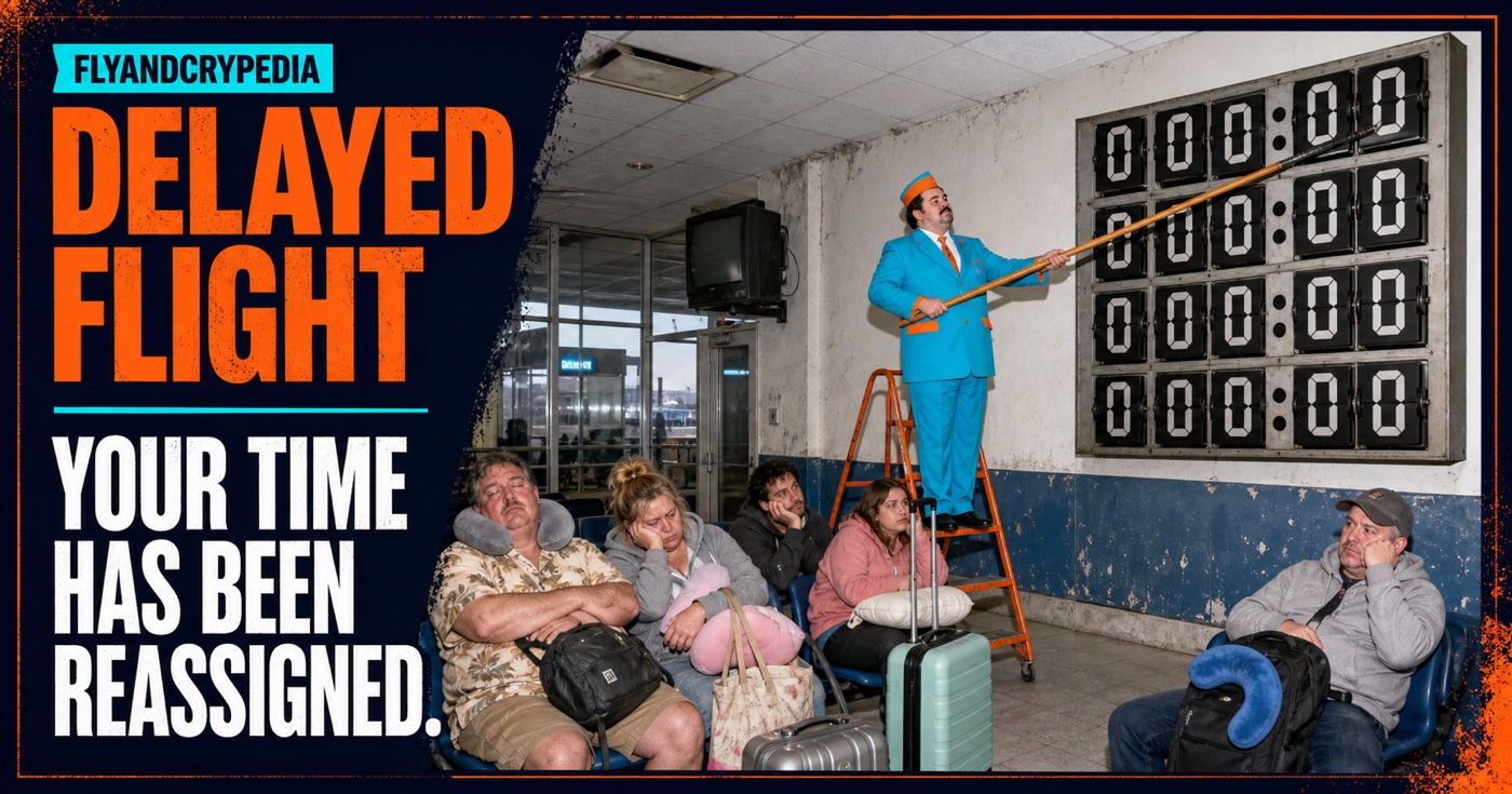 Airline employee repeatedly moving a departure time while tired passengers wait for the FlyAndCrypedia delayed flight definition