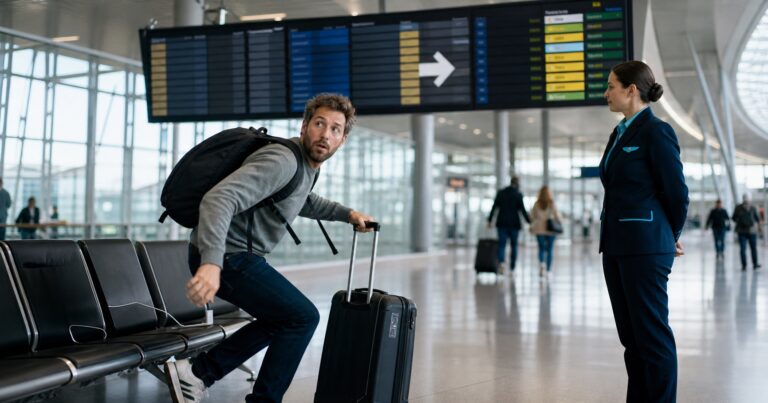 FlyAndCry Dynamic Gate Reassignment newsroom announcement in an airport terminal