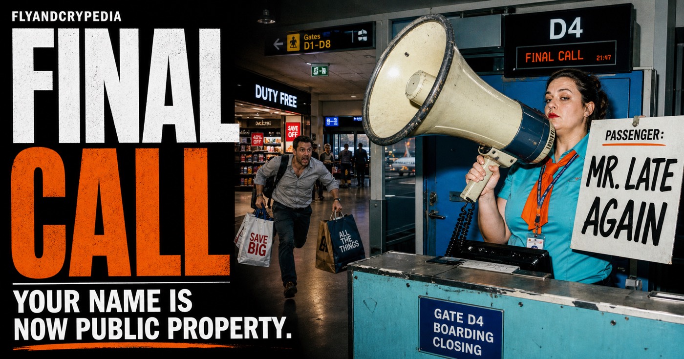 Gate agent publicly calling a late passenger for the FlyAndCrypedia final call definition