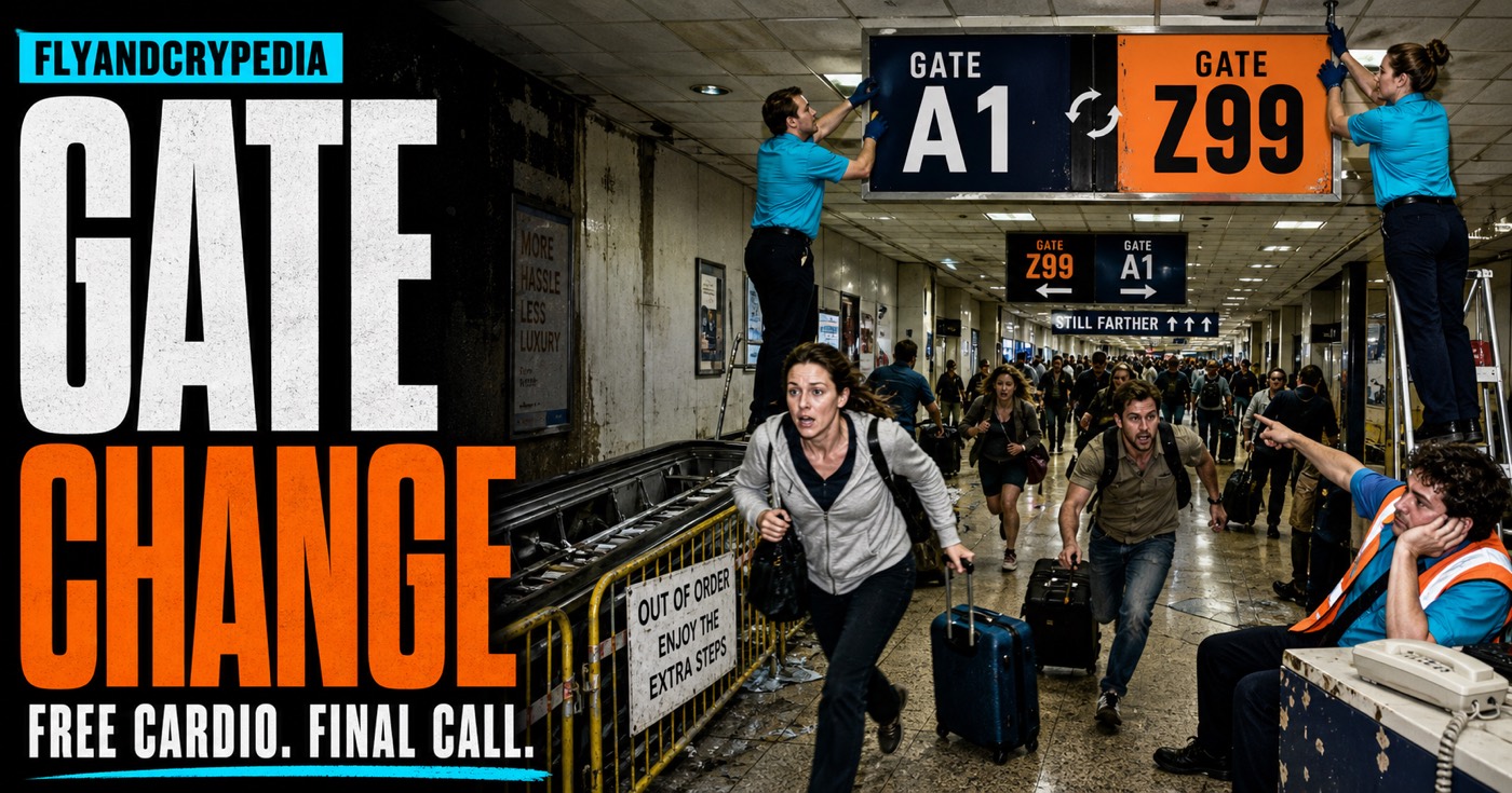 Passengers running between distant airport gates for the FlyAndCrypedia gate change definition