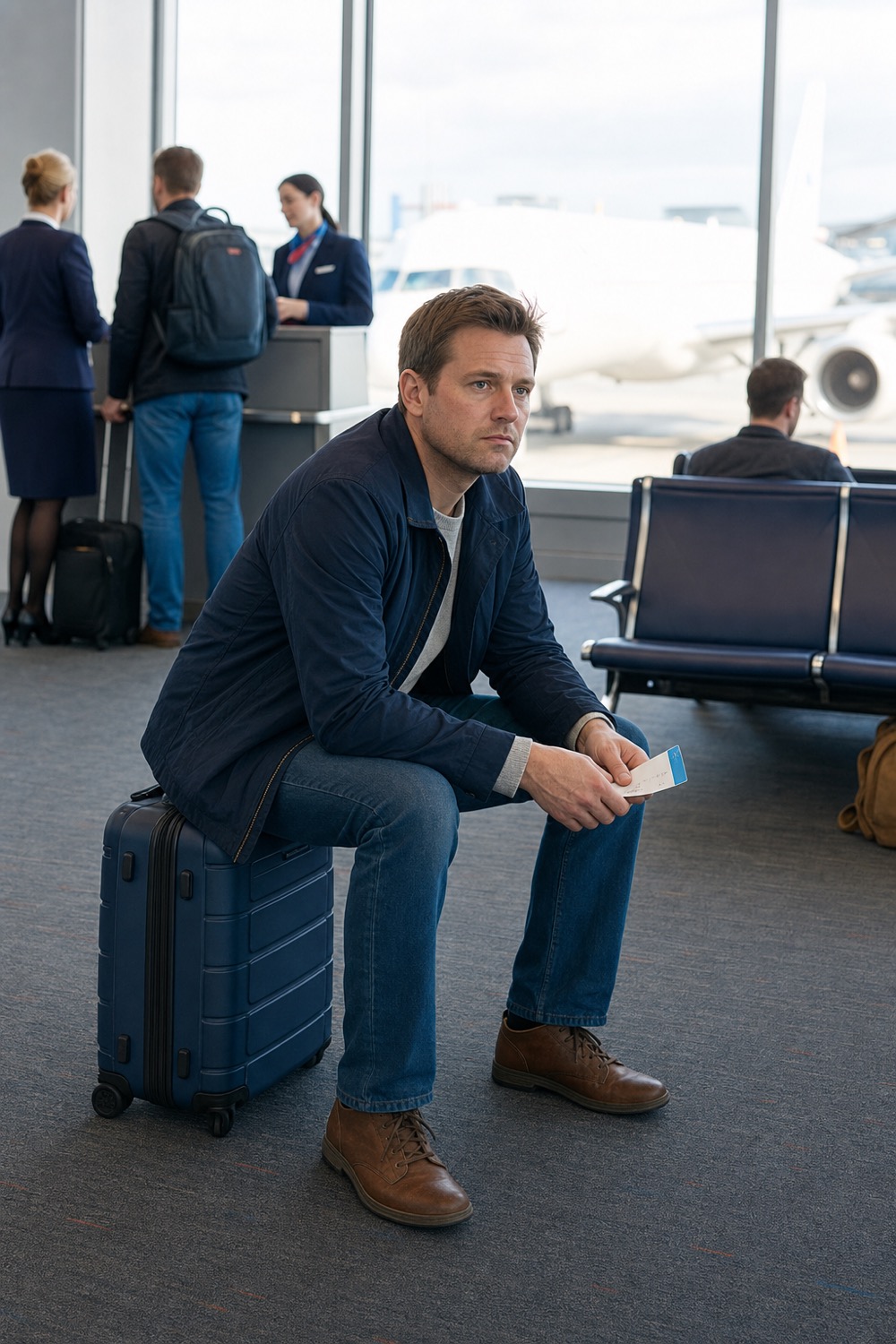 A FlyAndCry passenger watching baggage depart after losing an overbooked seat