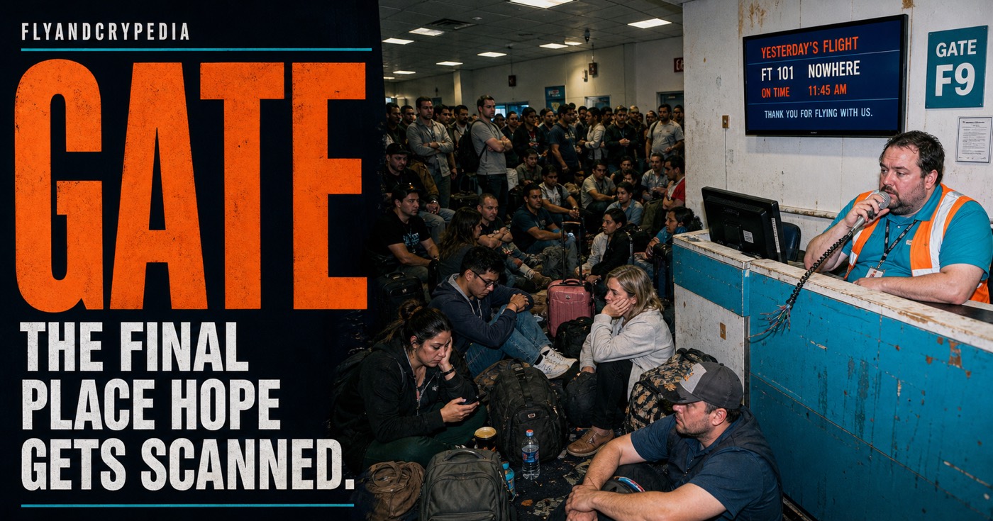 Crowded shabby airport gate with too few seats for the FlyAndCrypedia gate definition