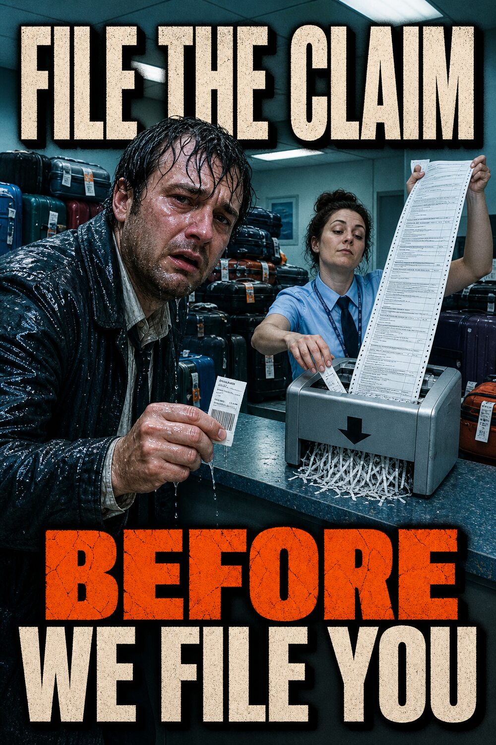 Passenger files a lost baggage claim while an indifferent clerk shreds the paperwork