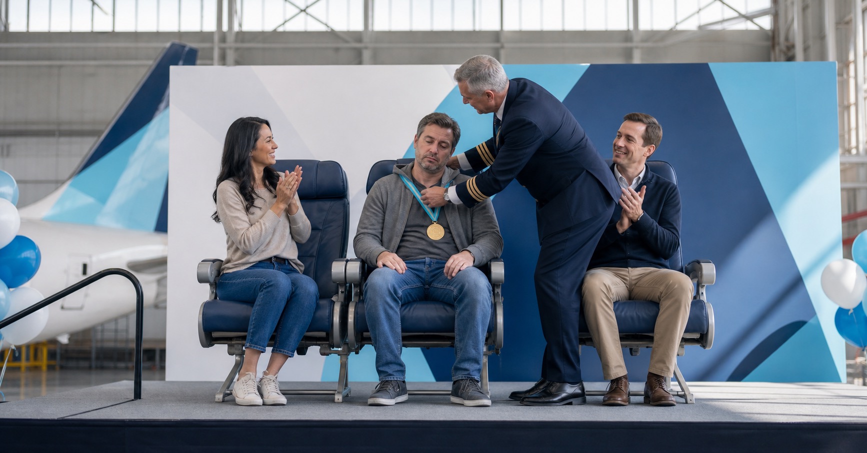FlyAndCry Middle Seat Appreciation Day ceremony in a bright aircraft hangar