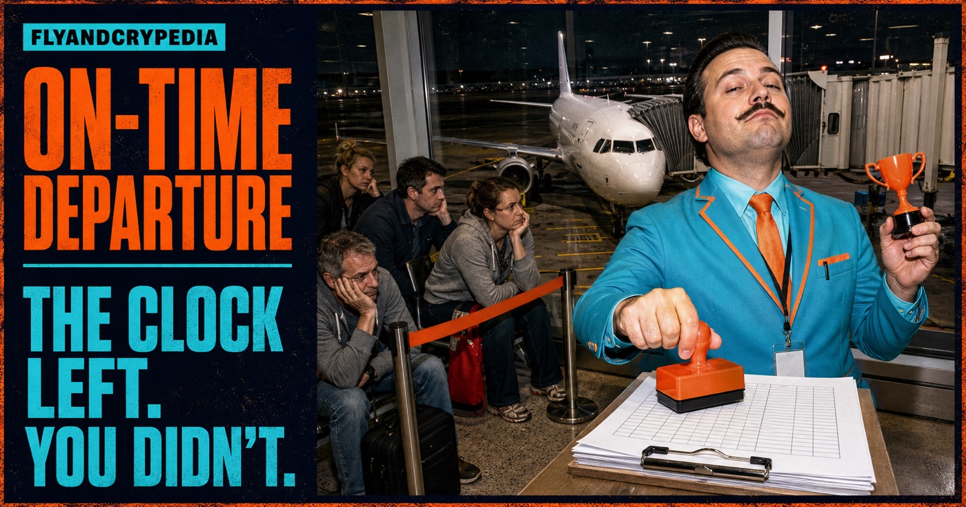 Airline employee celebrating an on-time departure while the aircraft remains at the gate in FlyAndCrypedia