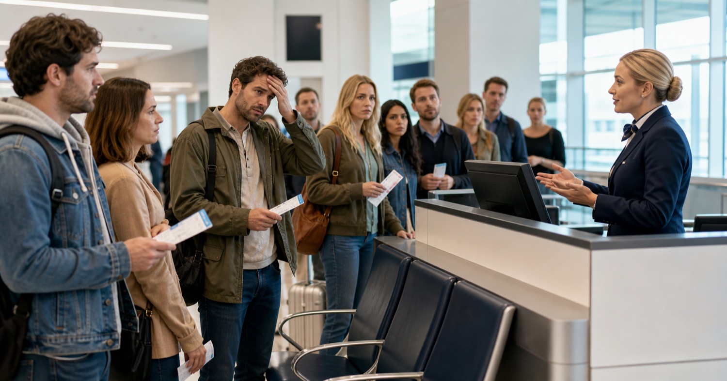 FlyAndCry gate agents presenting multiple passengers with claims to the same overbooked seat