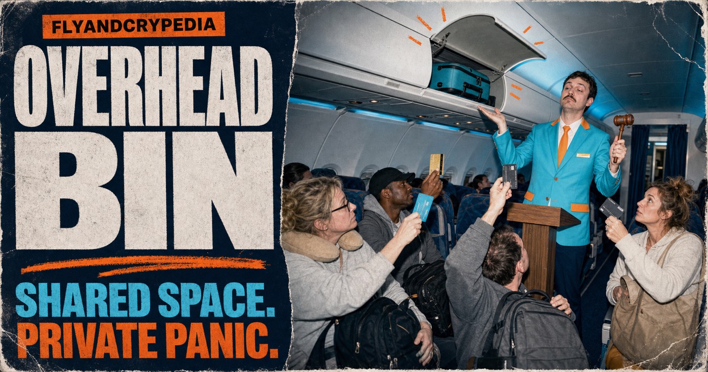 Airline employee auctioning the last tiny overhead bin space to passengers in FlyAndCrypedia