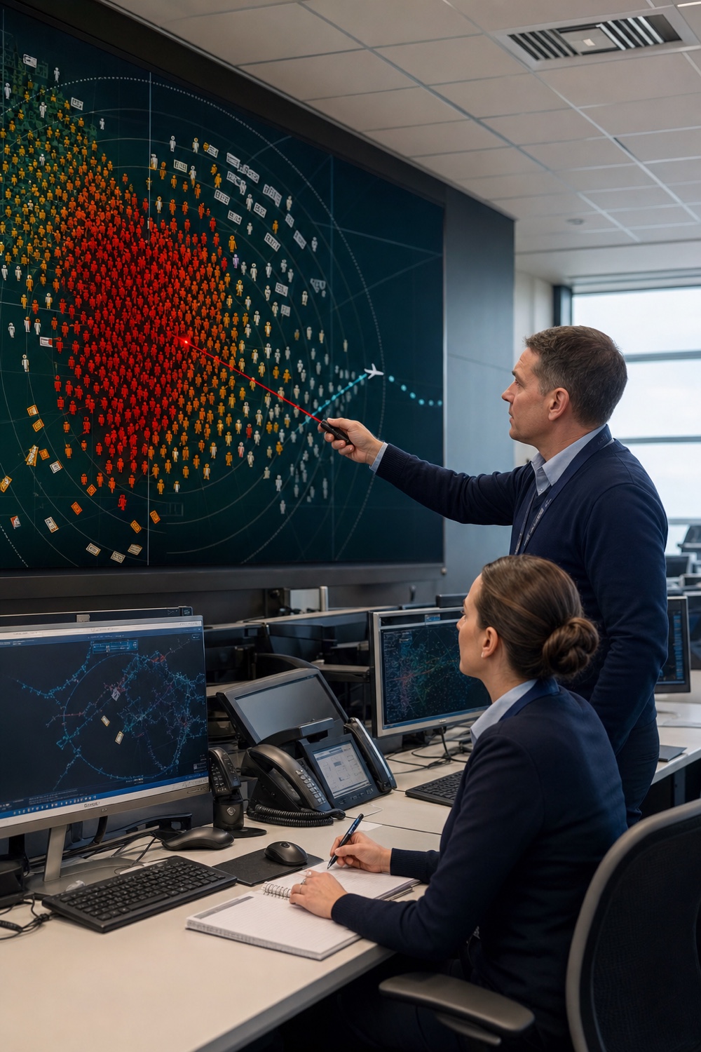 FlyAndCry operations staff tracking a passenger storm on airport radar