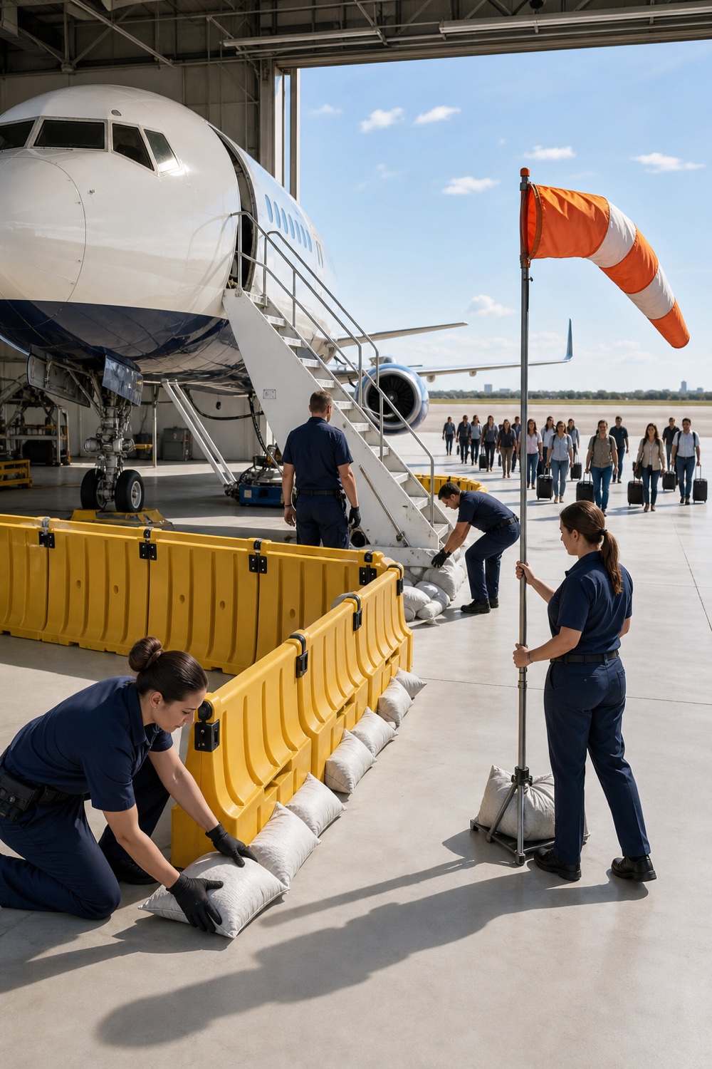 Airport ground staff protecting an aircraft from approaching passengers