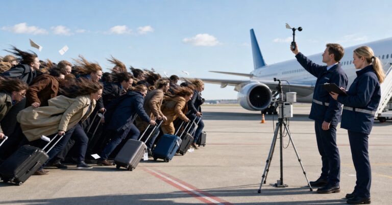 Passengers crossing an airport apron as an adverse weather front approaches