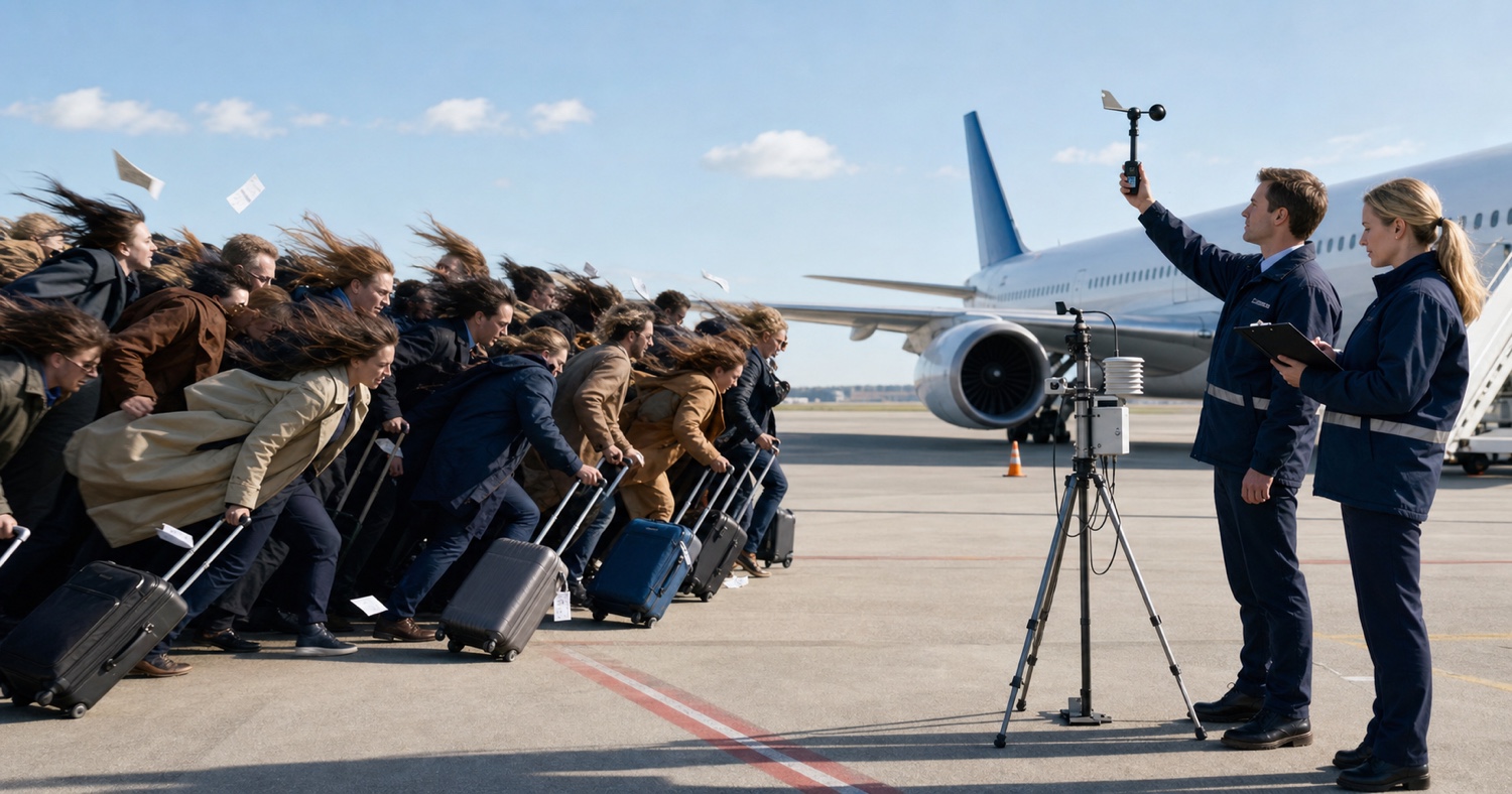 Passengers crossing an airport apron as an adverse weather front approaches