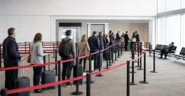 Adult travelers waiting in a long winding airport boarding queue