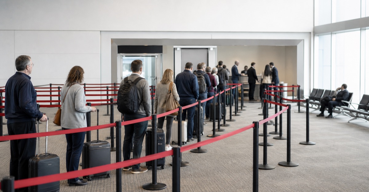 Adult travelers waiting in a long winding airport boarding queue