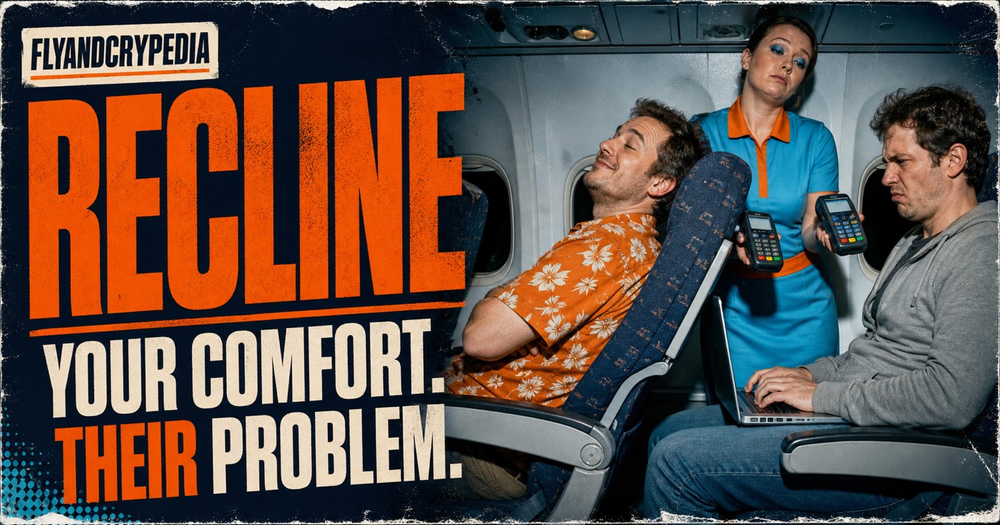 Passenger reclining into another passenger's laptop while airline staff charges both in FlyAndCrypedia