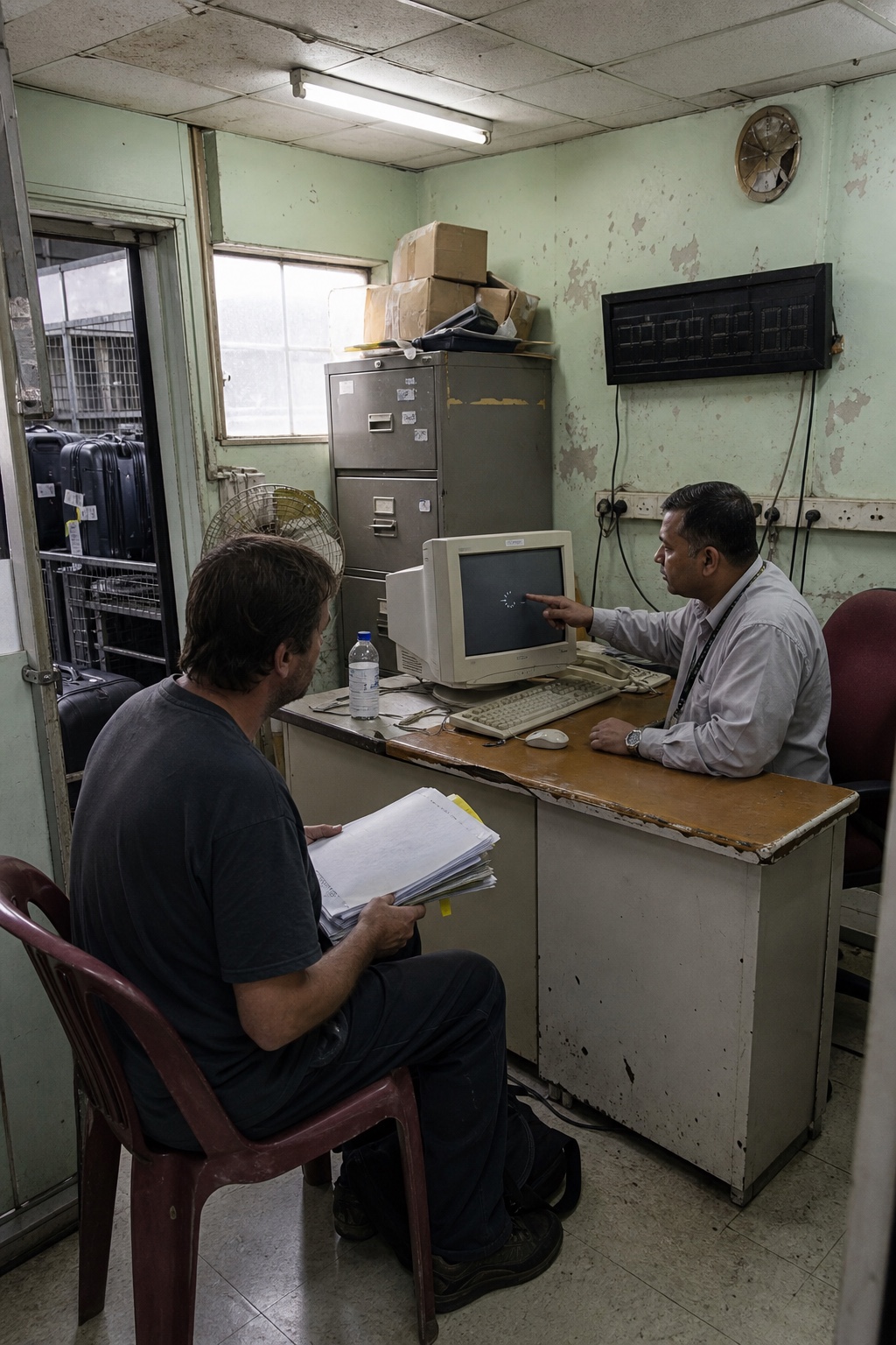 FlyAndCry refund consultation in a cramped office with an old computer