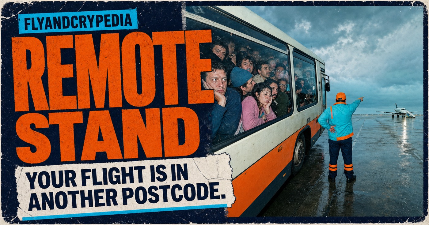 Overcrowded airport bus taking passengers to a distant aircraft for the FlyAndCrypedia remote stand definition