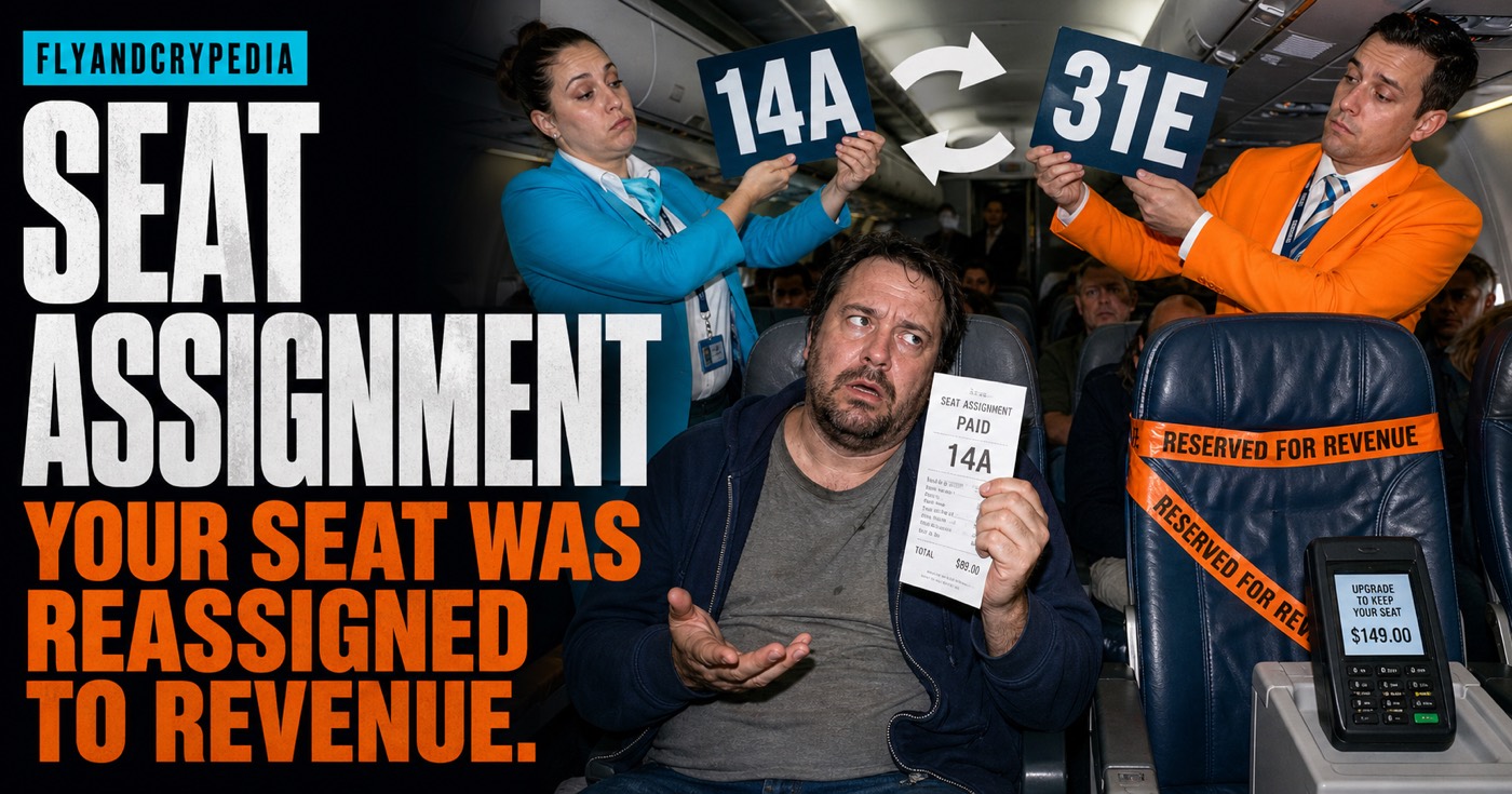 Passenger repeatedly moved between airline seats for the FlyAndCrypedia seat assignment definition