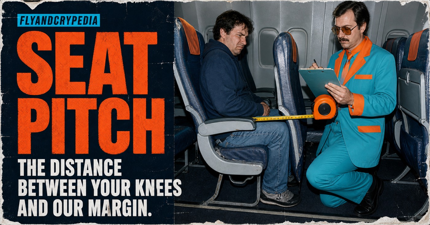 Airline employee measuring the tiny gap between a passenger's knees and the seat ahead in FlyAndCrypedia