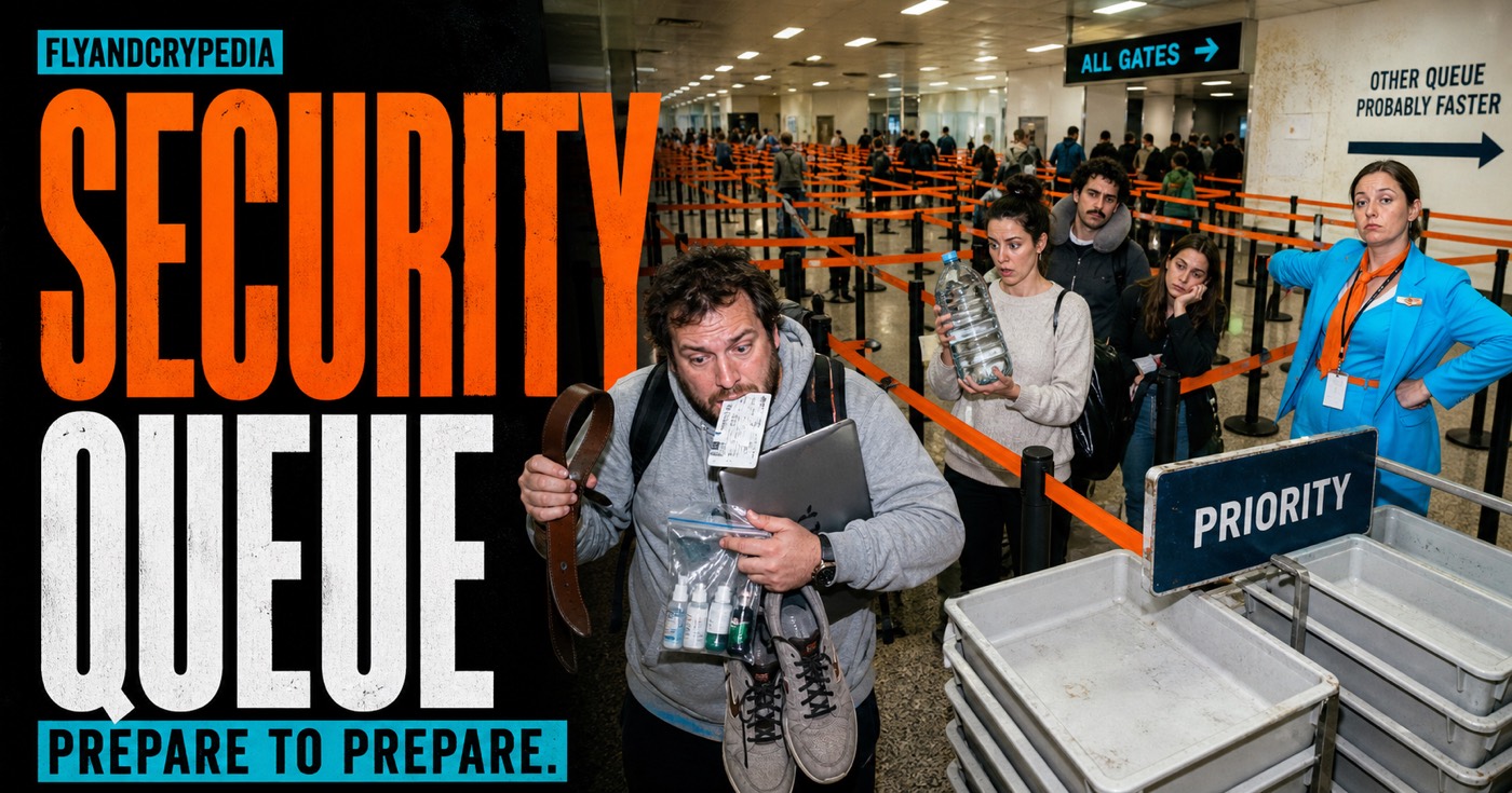 Endless airport security queue with confused passengers for the FlyAndCrypedia definition
