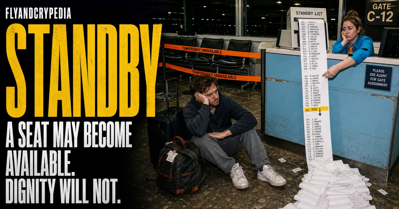 Passenger waiting beside a giant standby list for the FlyAndCrypedia standby definition