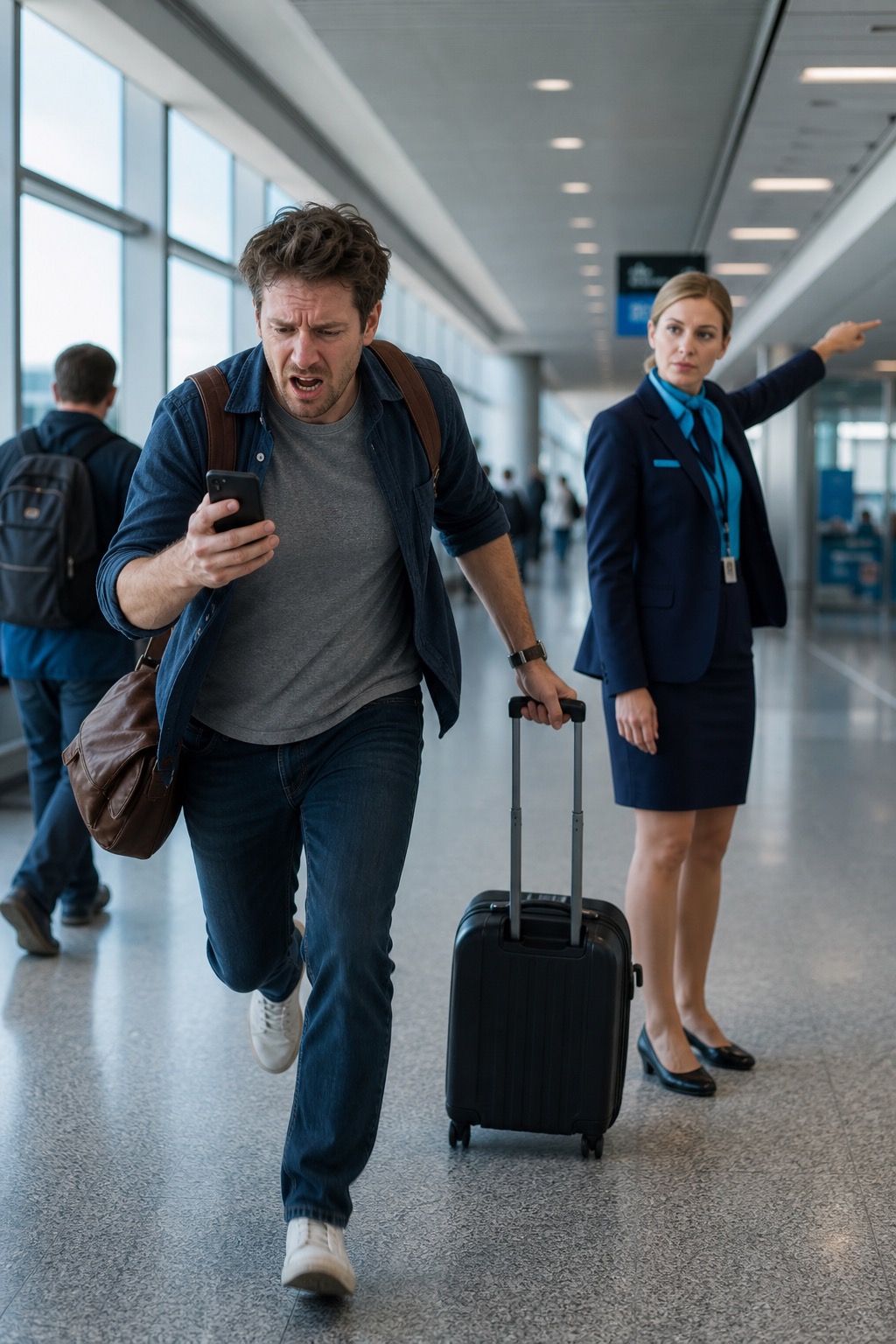 Passengers sprinting through the terminal during FlyAndCry Dynamic Gate Reassignment