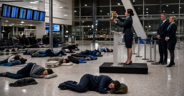 Passengers compete in the FlyAndCry Overnight Terminal Sleep Championship