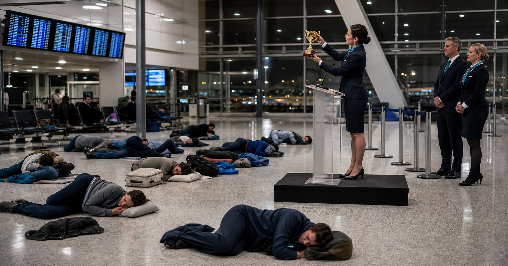 Passengers compete in the FlyAndCry Overnight Terminal Sleep Championship