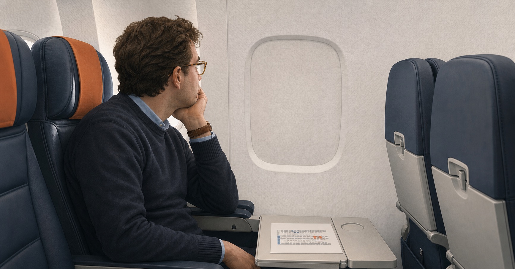 Satirical airline cabin with a passenger facing a window-shaped wall