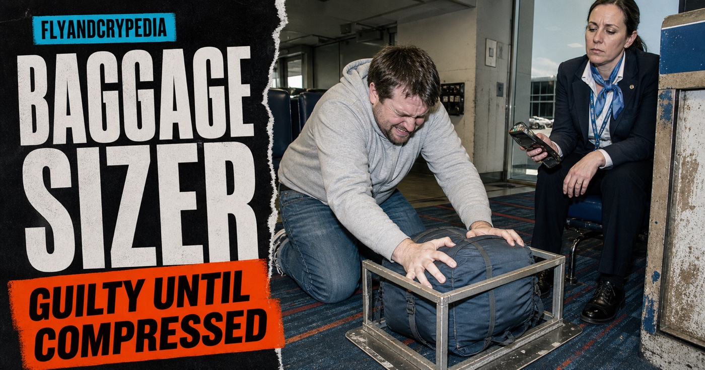 Passenger kneeling on a backpack to force it into a metal airline baggage sizer