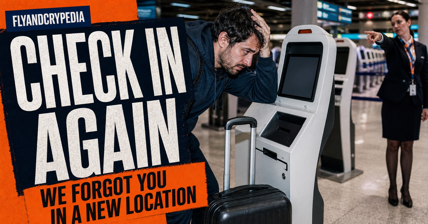 Tired passenger meeting the same airport check-in kiosk again during a connection