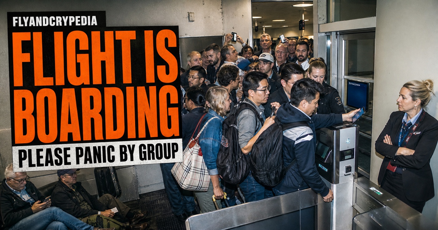 Dense crowd forming around an airport boarding gate scanner as the flight begins boarding