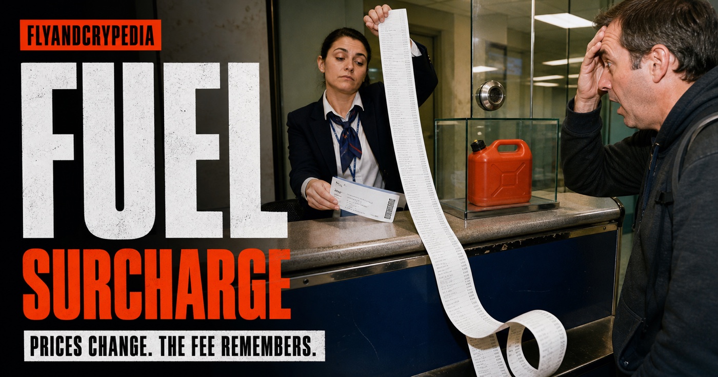Airline clerk adding a long fuel surcharge receipt to a passenger ticket at a desk