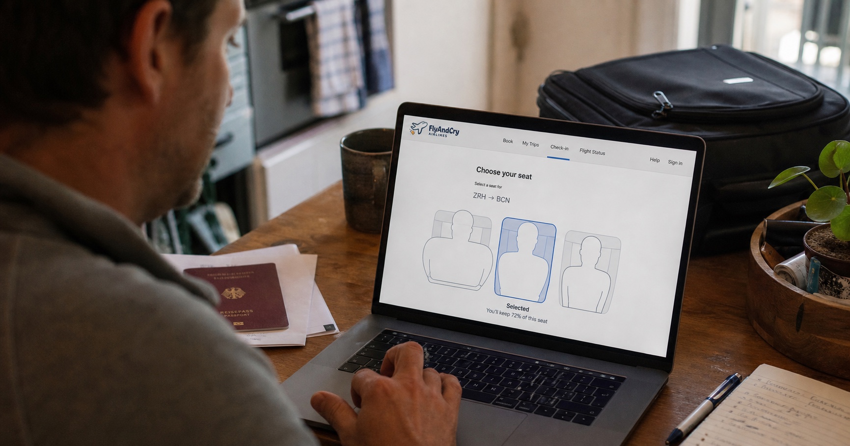 Passenger previewing neighboring body outlines during FlyAndCry online seat selection