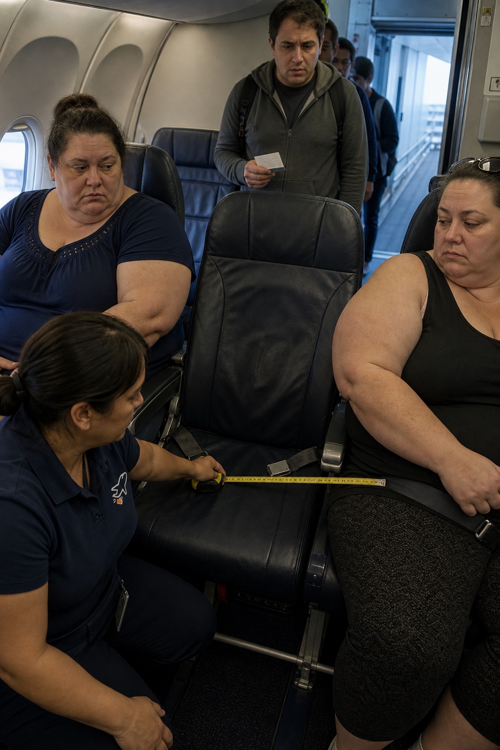 FlyAndCry employee measuring the remaining width of an empty middle seat